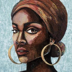 Original-kunst-til-hjemmet-af-afrikansk-kvinde-med-turban-og-blaa-groen-baggrund