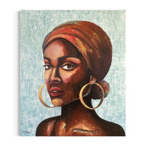 Original-kunst-til-hjemmet-af-afrikansk-kvinde-med-turban-og-blaa-groen-baggrund