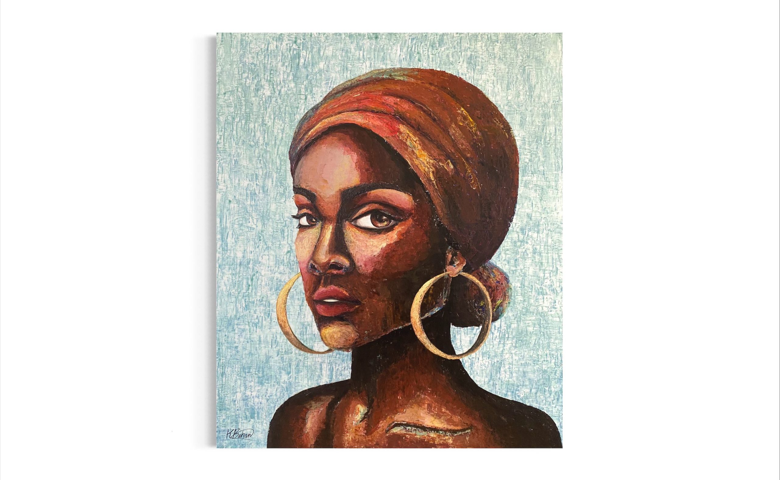 Original-kunst-til-hjemmet-af-afrikansk-kvinde-med-turban-og-blaa-groen-baggrund