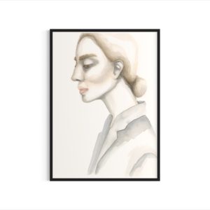 akvarel-plakat-af-kvinde-med-knold-i-blaa-blazer
