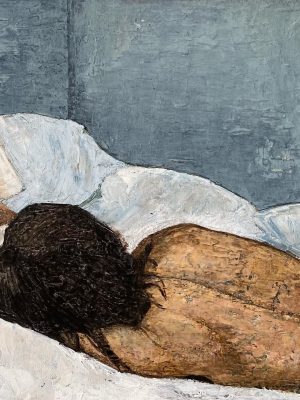 Acrylic-painting-of-woman-laying-in-bed-reading-book