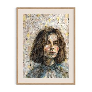 giclee-tryk-portraet-kvinde-blaa-skjorte-eftertænksomt-blik-brunette-page