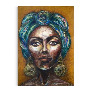 maleri-af-afrikansk-kvinde-med-turban-sennepfarvet-blaa-groen