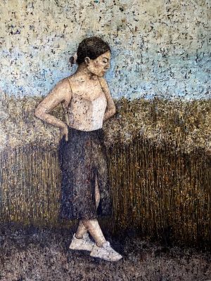 Acrylic-painting-of-woman-in-slip-on-dress-on-field