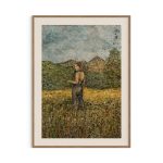 Giclee.tryk-af-kvinde-med-page-paa-groen-mark-i-sort-stropkjole