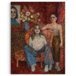 kvinde-sidder-i-laendestol-selvportraet-stort-dobbelt-portraet-akrylmaleri-varme-roede-nuancer