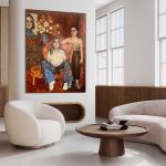 stort-portraet-maleri-af-tre-kvinder-i-varmt-roed-brunt-rum