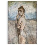 maleri-af-betaenksom-kvinde-paa-stranden-med-bikini-beige-lyse-toner