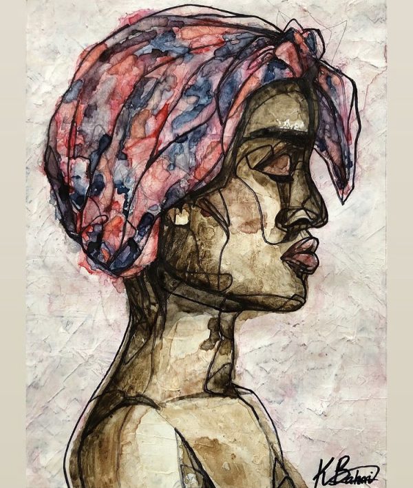 akryl-maleri-kvinde-der-manifesterer-med-bandana-hovedbeklædning-i-profil