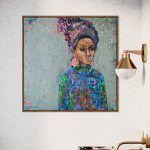 Maleri-af-afrikansk-kvinde-farverigt-portraet-i-blaalige-toner-i-ramme