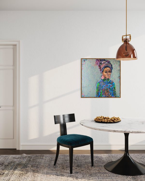 Maleri-af-afrikansk-kvinde-farverigt-portraet-i-blaalige-toner-i-ramme