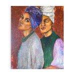 Maleri-af-a-to-afrikanske-kvinder-farverigt-portraet-lilla-varme-brune-toner