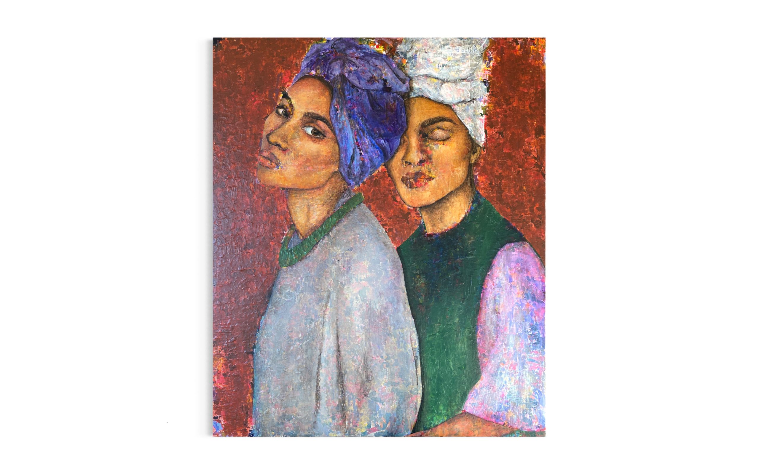 Maleri-af-a-to-afrikanske-kvinder-farverigt-portraet-lilla-varme-brune-toner