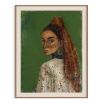 spartel-teknik-maleri-af-kvinde-med-bundet-toerklaede-i-haaret-og-groen-baggrund