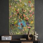 Flower-painting-in-blue-vase-and-olive-background-flying-flowers-and-birds