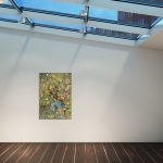 Flower-painting-in-blue-vase-and-olive-background-flying-flowers-and-birds