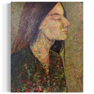 portraetmaleri-af-kimia-bahari-kvinde-i-profil-i-groen-skjorte