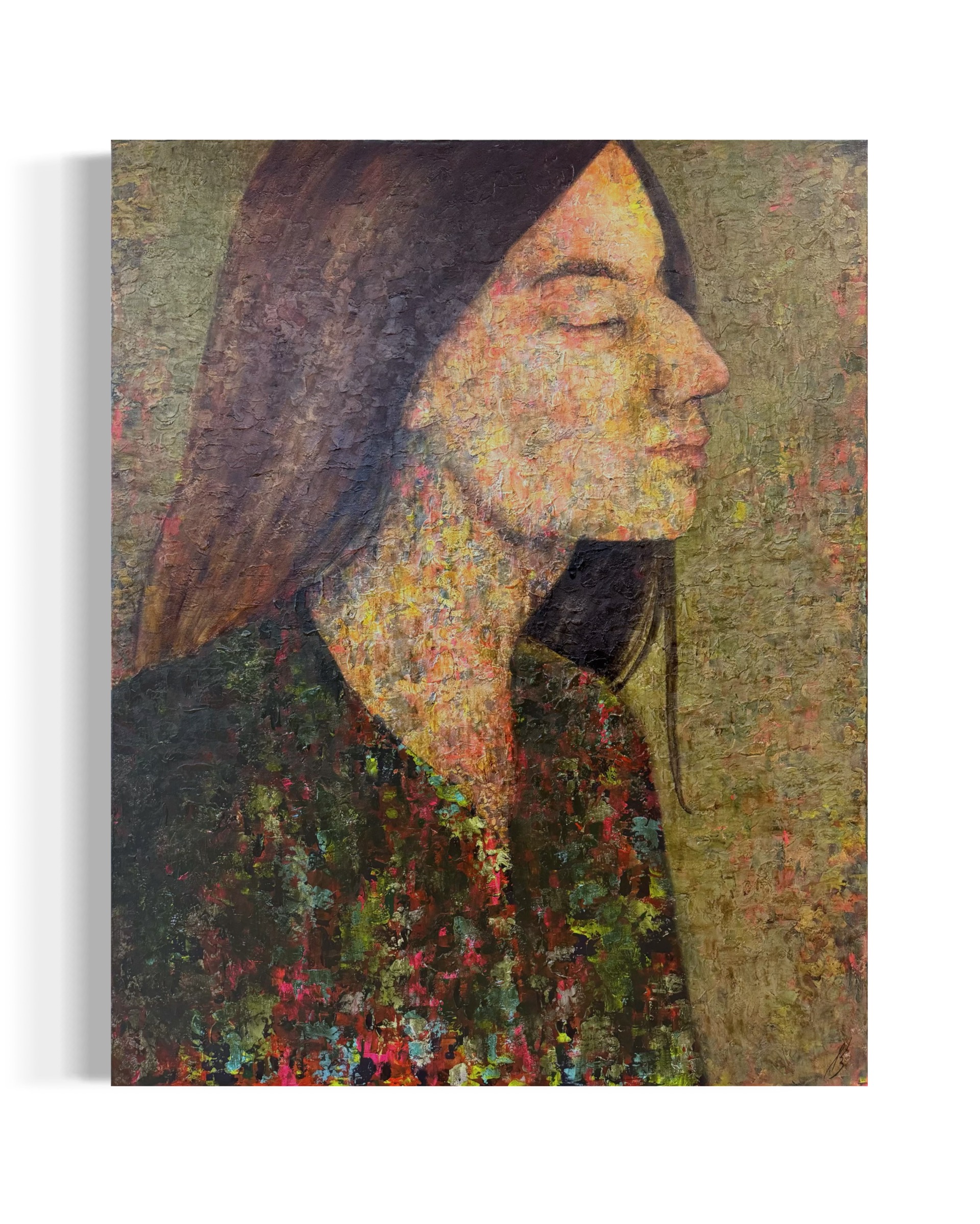 portraetmaleri-af-kimia-bahari-kvinde-i-profil-i-groen-skjorte