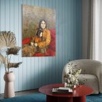 Dobbeltportraet-af-kimia-bahari-kvinde-med-barn-paa-skoedet-i-roed-sofa