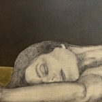 Portraet-maleri-af-sovende-kvinde-med-brun-og-olivengroen-baggrund-af-kimia-bahari