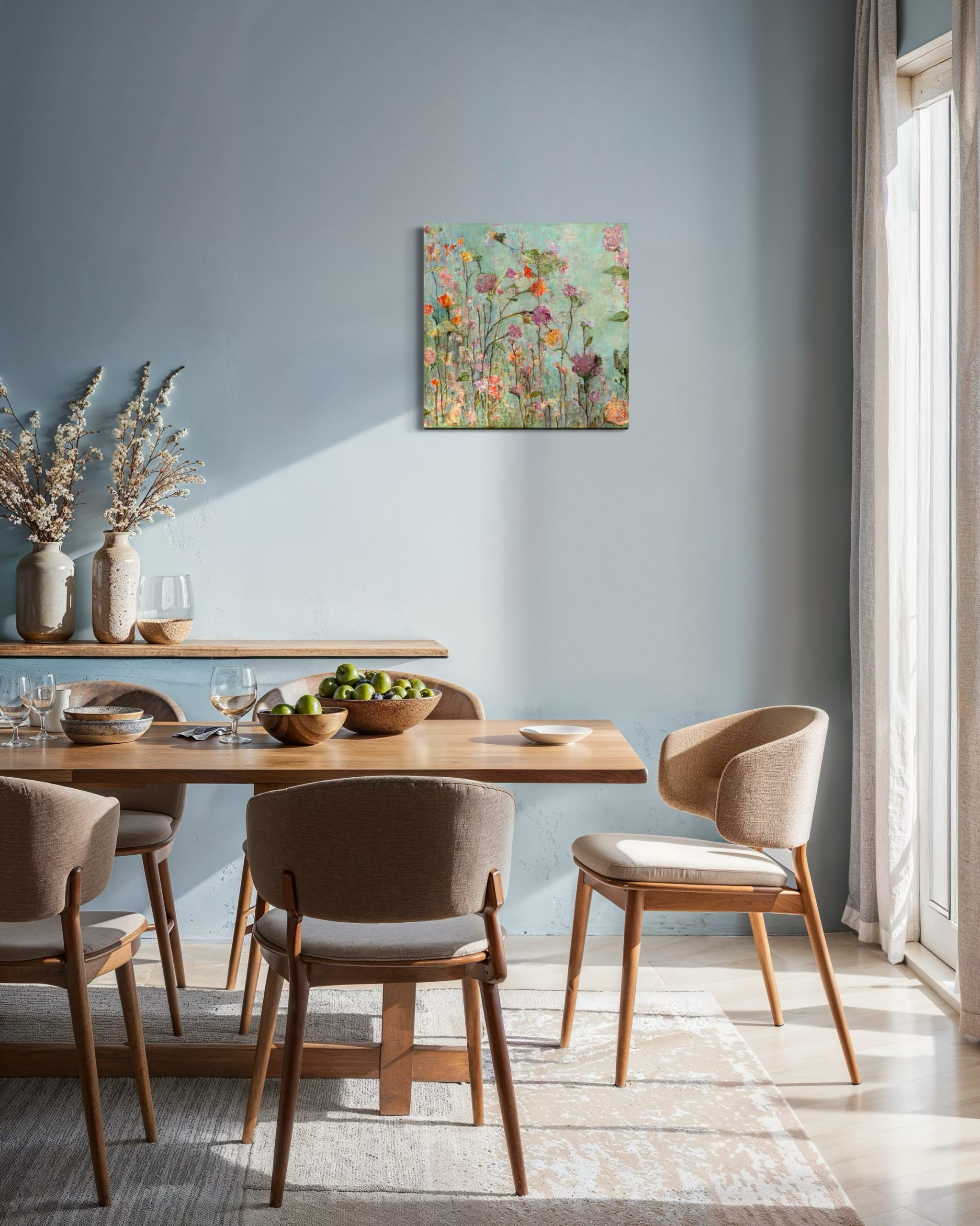 Maleri af blomsterhave med orange, lilla og violette blomster og varmblå himmel. Original. Hængende i en stue på en blåfarvet væg.