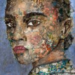 giclee-tryk-af-farverig-kvinde-i-kvart-profil-med-violet-baggrund-og-klattet-ansigt