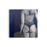 Kulmaleri af kvindekrop i hjemmetøj set bagfra gående imod et tomt rum