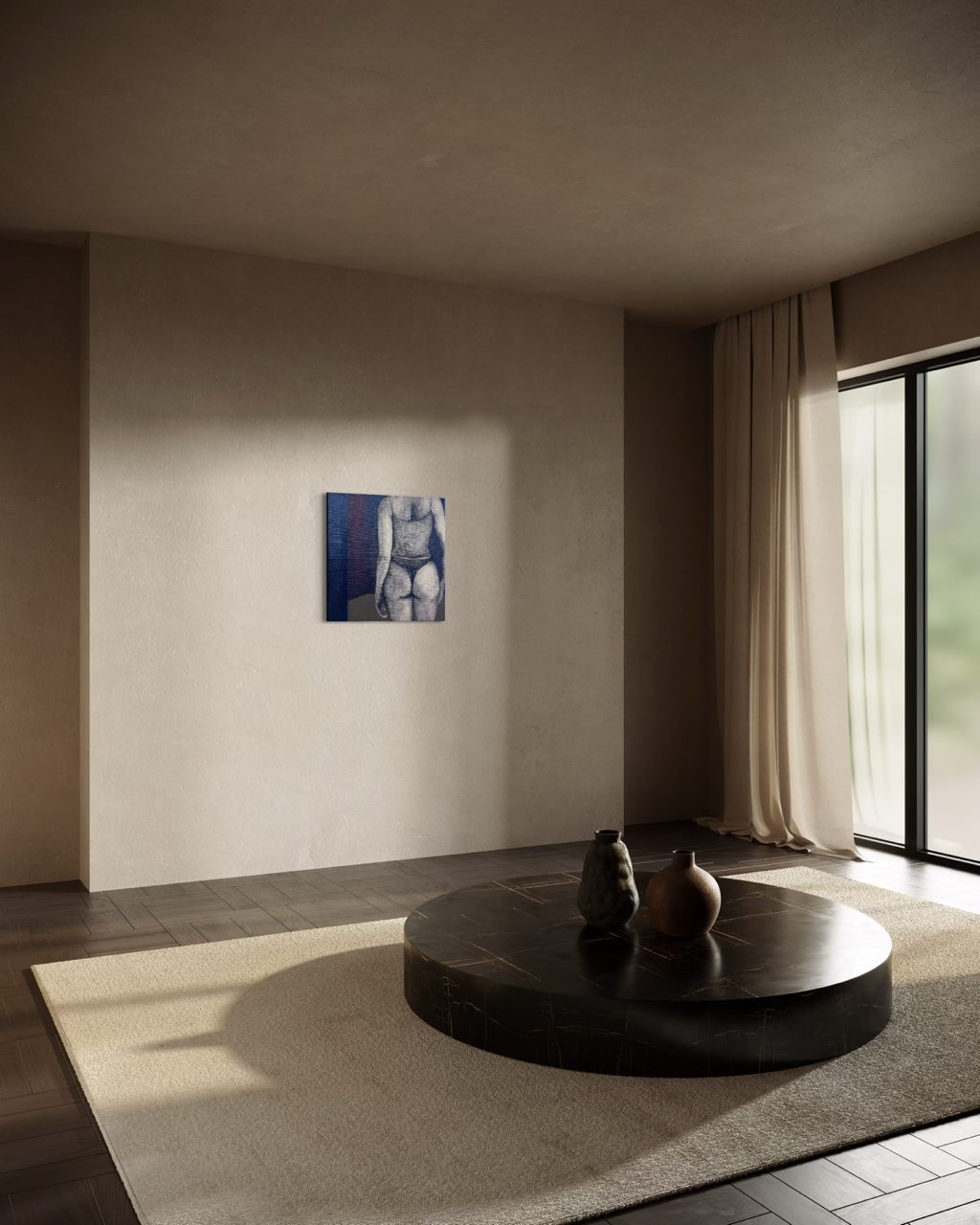 Kulmaleri af kvindekrop i hjemmetøj set bagfra gående imod et tomt rum