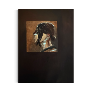 Sort og mørkebrunt maleri i højformat af abstrakt kvindeportræt i profil