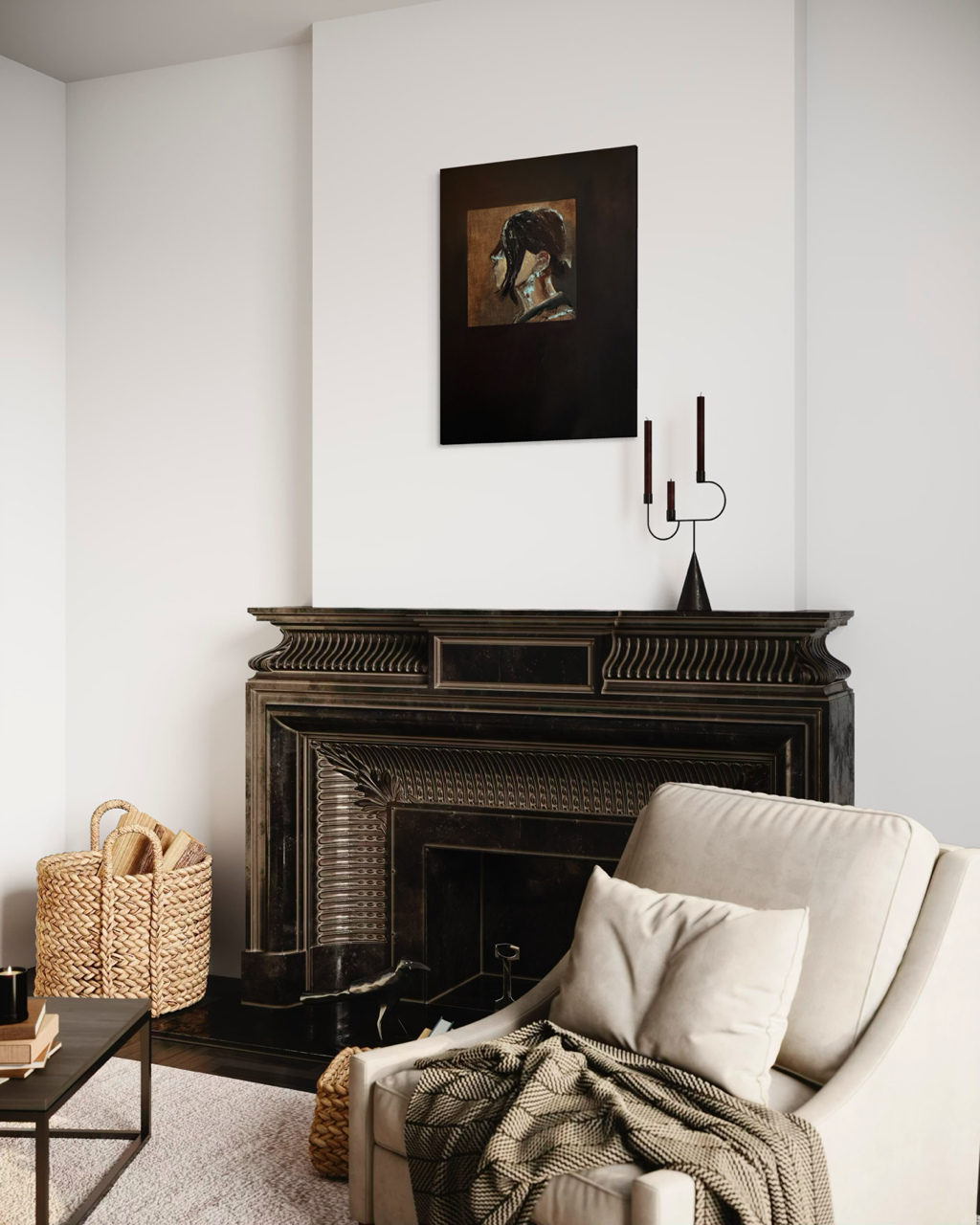 Sort og mørkebrunt maleri i højformat af abstrakt kvindeportræt i profil