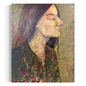 Maleri af kvinde i profil. Hun har lukkede øjne og løst brunt hår. Og hun bærer en mørkegrøn skjorte.