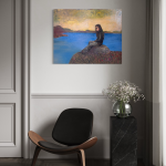 Maleri-af-kvinde-der-sidder-paa-en-sten-ved-blaa-soe-og-solopgang