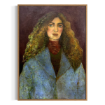 portraet-af-kvinde-med-stort-kroellet-haar-og-blaa-frakke-med-roed-rullekrave