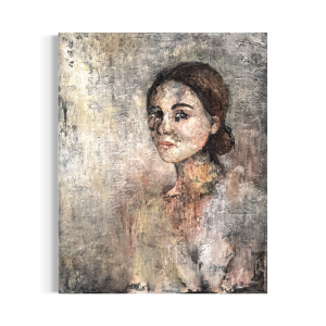 Maleri i lyse toner af kvinde med forsigtigt blik malet med skyggerne