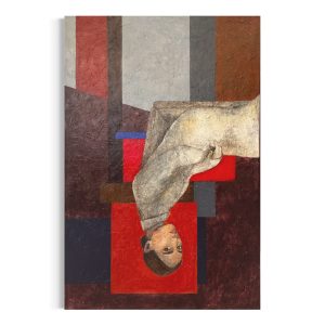 Maleri af kvinde på hovedet siddende i en stol i et rum med grafiske firkanter i forskellige farver.