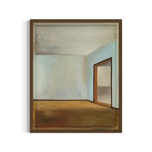 Oliemaleri af tom stue med brunt gulv og lyseblå vægge. Indrammet i gammel gulvramme. Indrammet giclee tryk på hvid væg.
