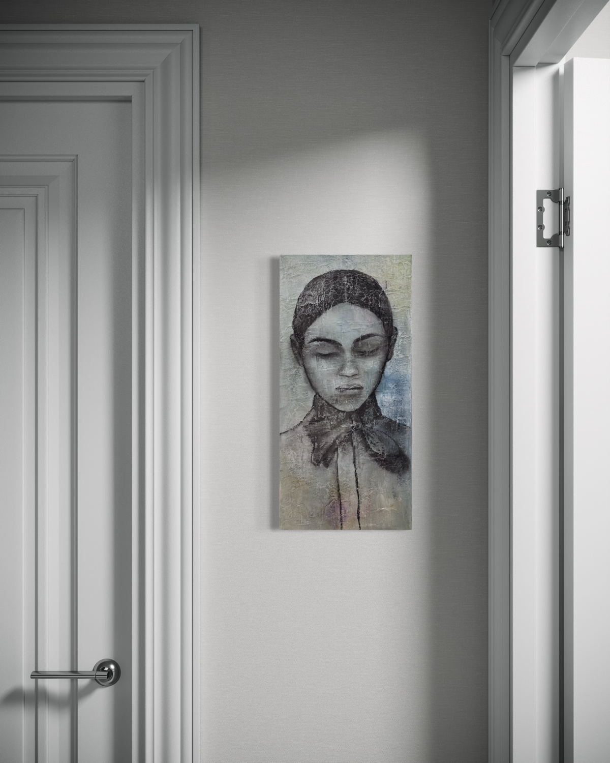 Kultegning på lærred af kvinde med knold og midterskilning der vender blikket nedad og med skjortesløjfe