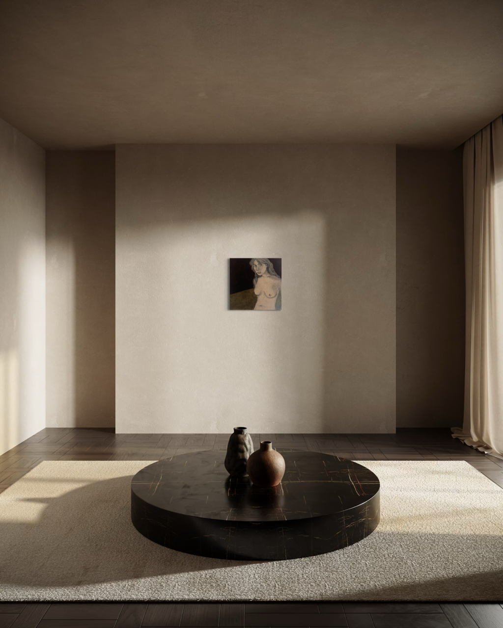 Kultegning af nøgen kvinde siddende på olivengrønt gulv med nedadgående blik og mørkebrune vægge