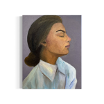 Maleri af kvinde i profil med lukkede øjne, lav knold og hvid skjorte der krammer sig selv