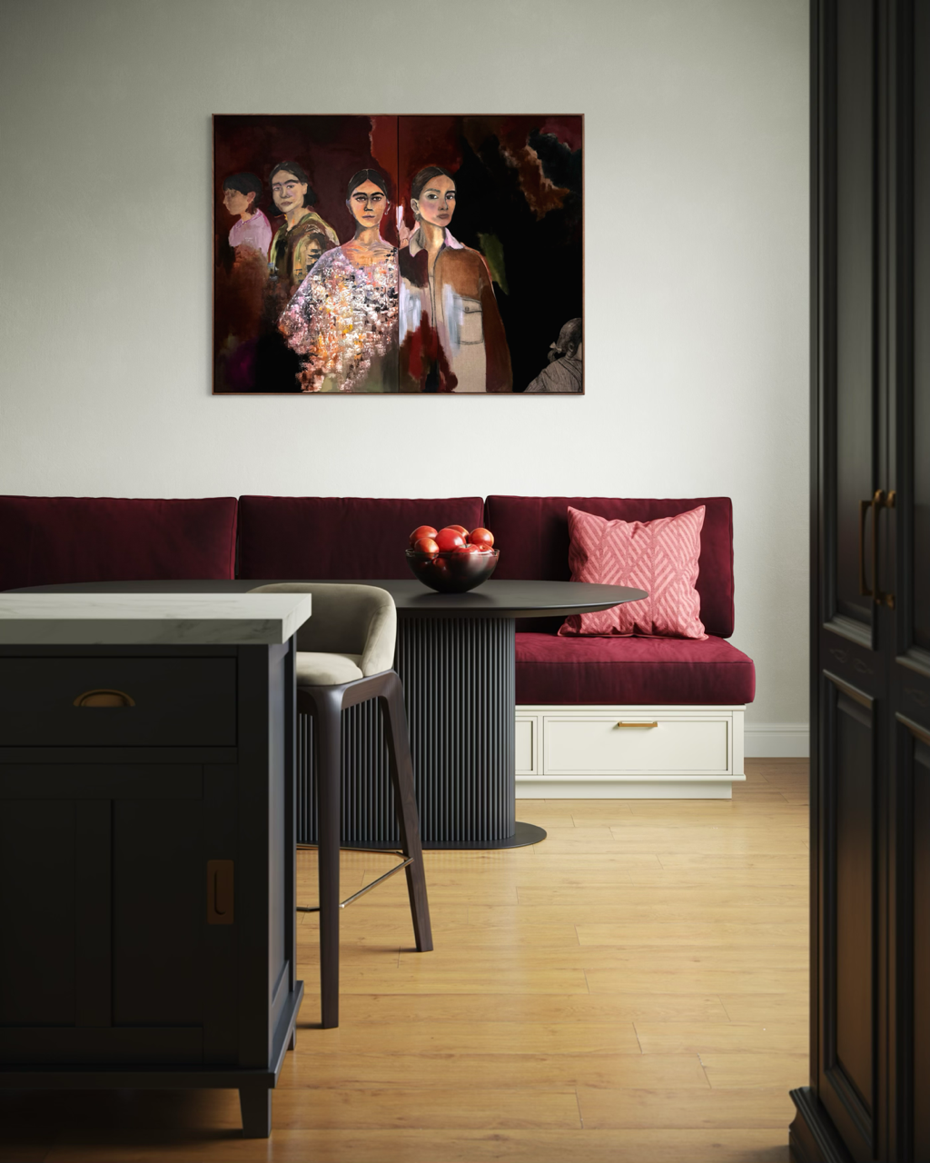 Maleri i bordeaux og varme brune toner af fem kvinder i fem forskellige aldre