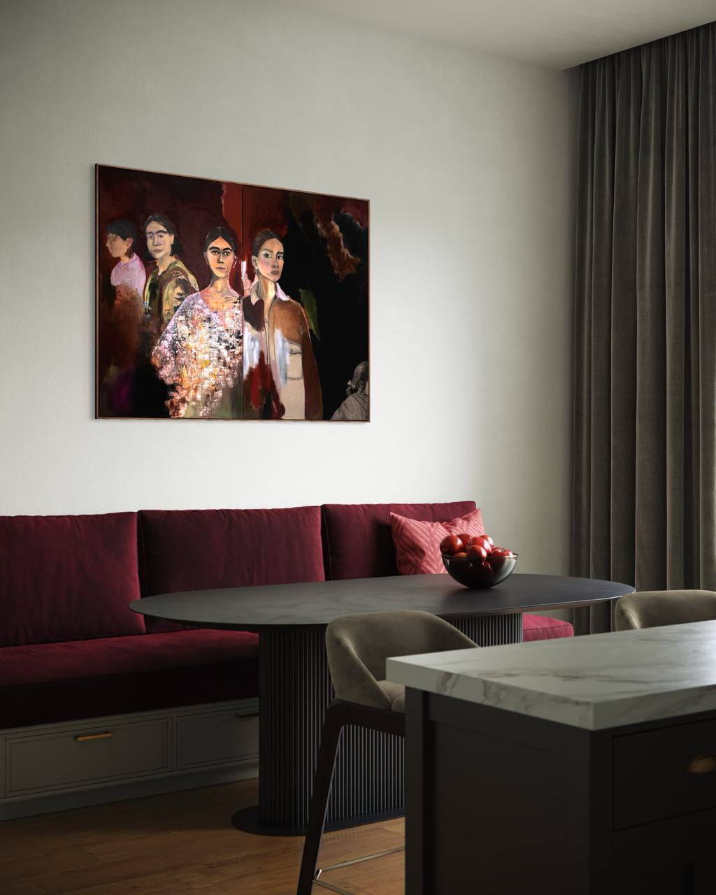 Maleri i bordeaux og varme brune toner af fem kvinder i fem forskellige aldre