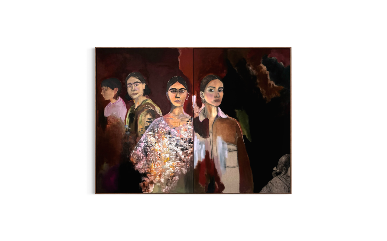 Maleri i bordeaux og varme brune toner af fem kvinder i fem forskellige aldre