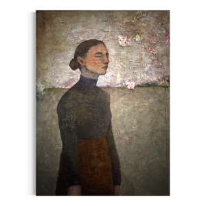 Maleri af kvinde med blå rullekrave med lukkede øjne på grøn mark og sol i ansigtet