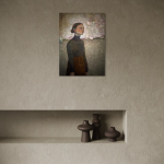 Maleri af kvinde med blå rullekrave med lukkede øjne på grøn mark og sol i ansigtet