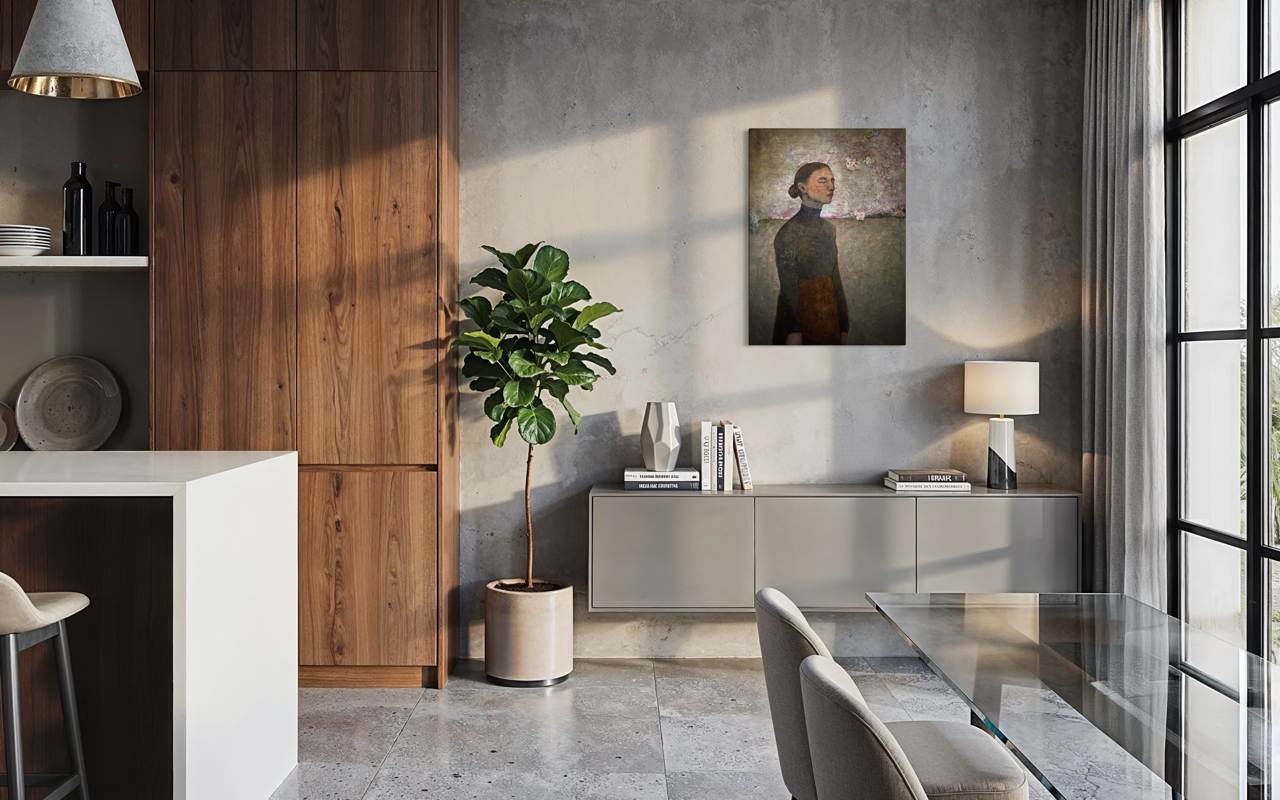 Maleri af kvinde med blå rullekrave med lukkede øjne på grøn mark og sol i ansigtet