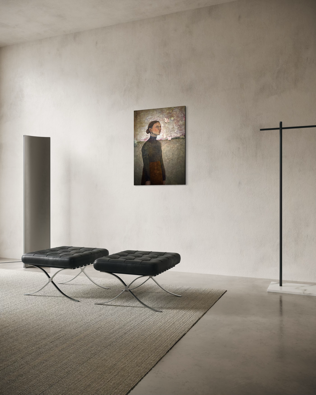 Maleri af kvinde med blå rullekrave med lukkede øjne på grøn mark og sol i ansigtet