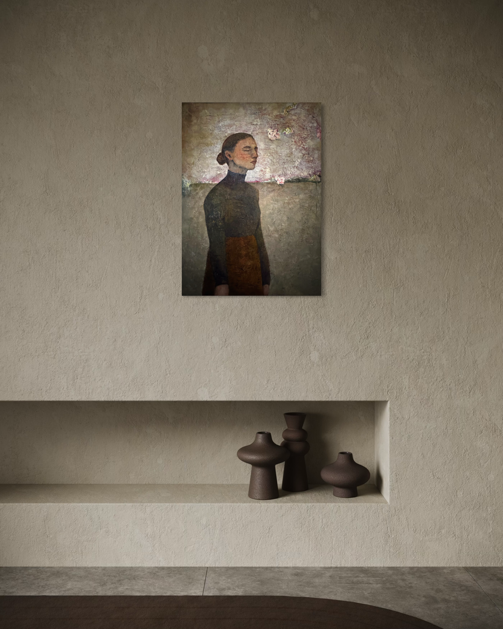 Maleri af kvinde med blå rullekrave med lukkede øjne på grøn mark og sol i ansigtet