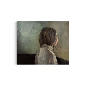 Maleri af kvinde med siden til af kvinde i et blågrønt tomt rum. Kvinden har en hvid skjorte på. Det ligner det er gamle dage omkring 1900-tallet.