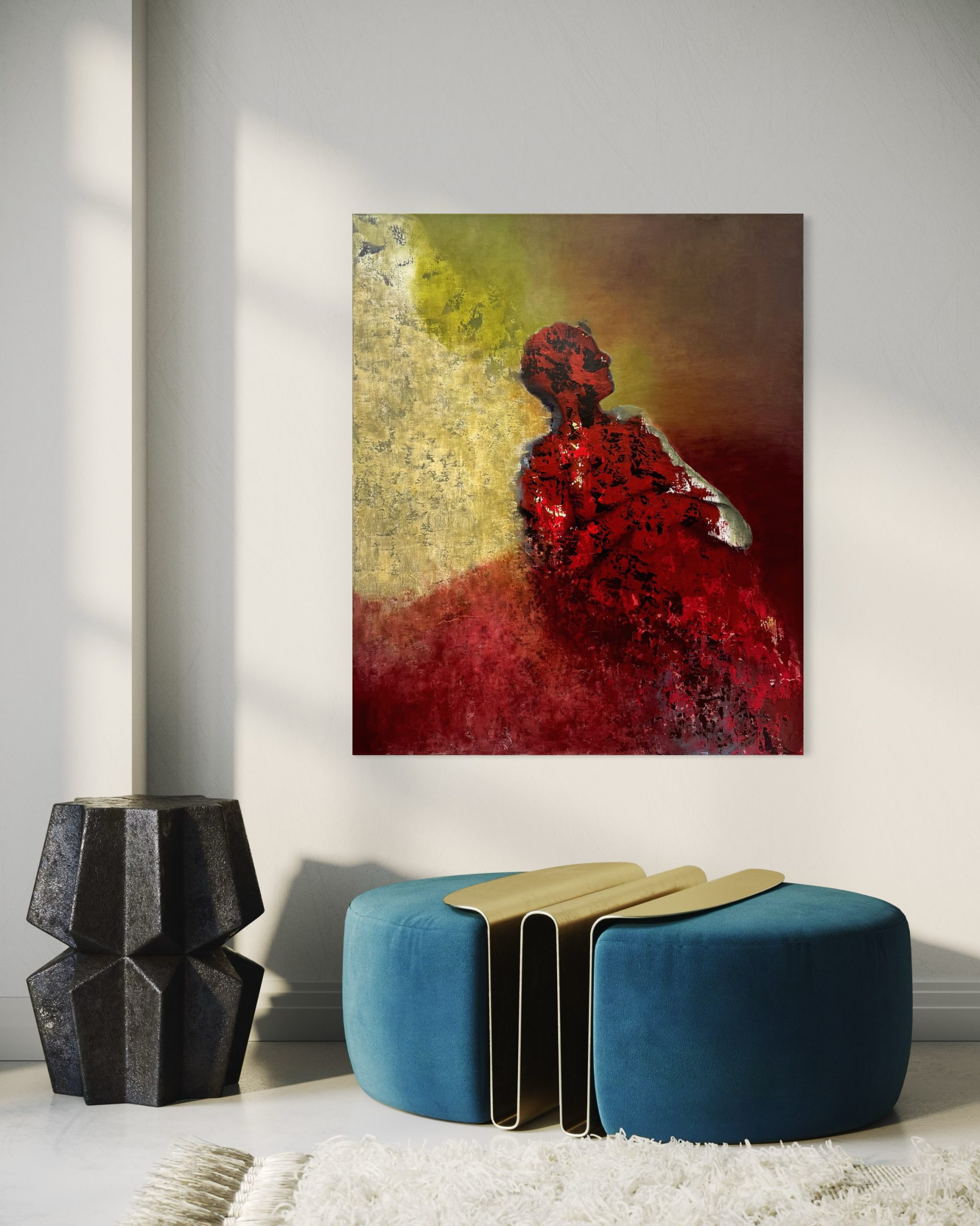 Abstrakt maleri af sovende menneske i grønt, hvidt og rødt. Mennesket ligger med armene over kors og kigger ud til mod højre side hvor der er en solopgang eller -nedgang. På væg.