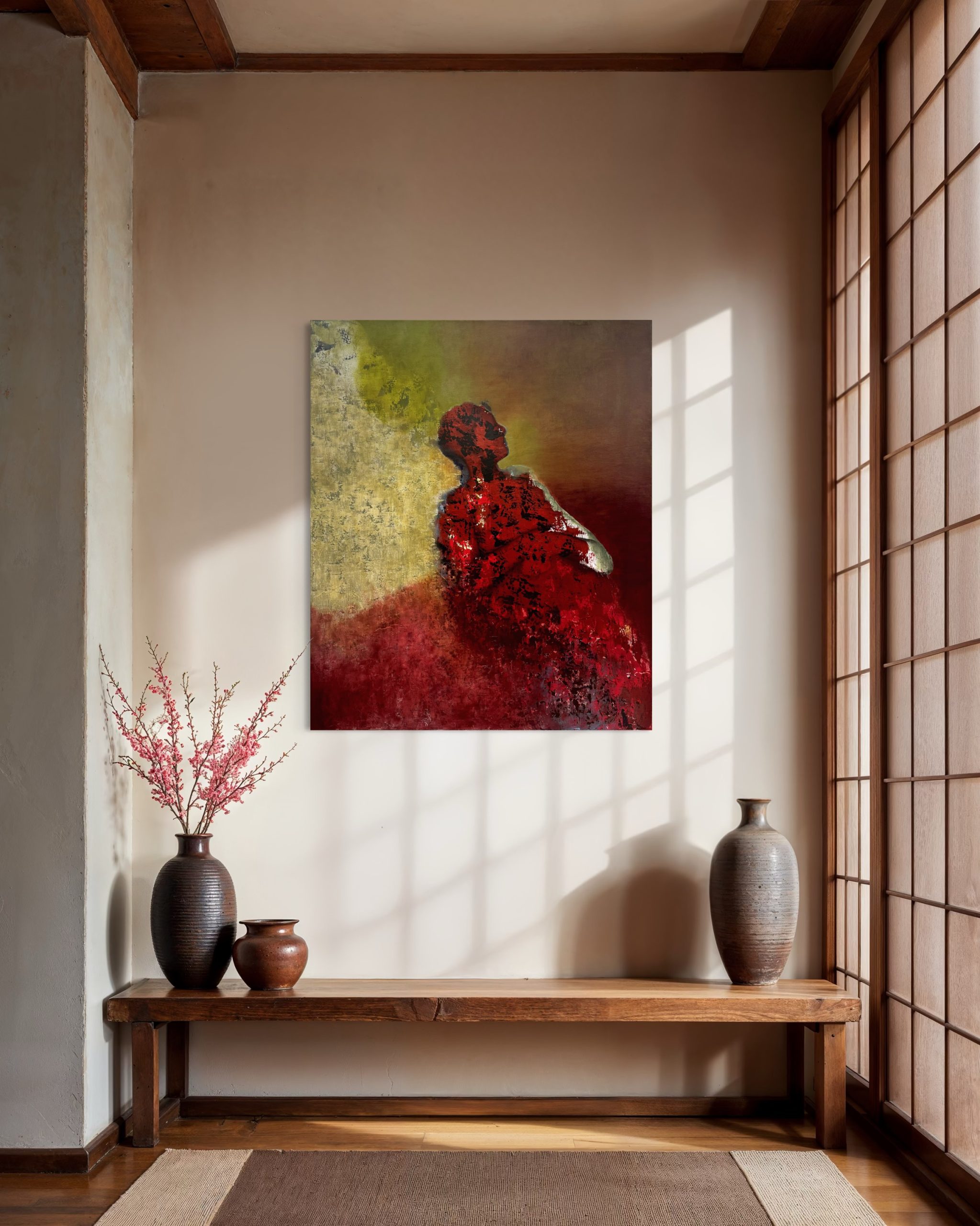 Abstrakt maleri af sovende menneske i grønt, hvidt og rødt. Mennesket ligger med armene over kors og kigger ud til mod højre side hvor der er en solopgang eller -nedgang. I rosa rum.